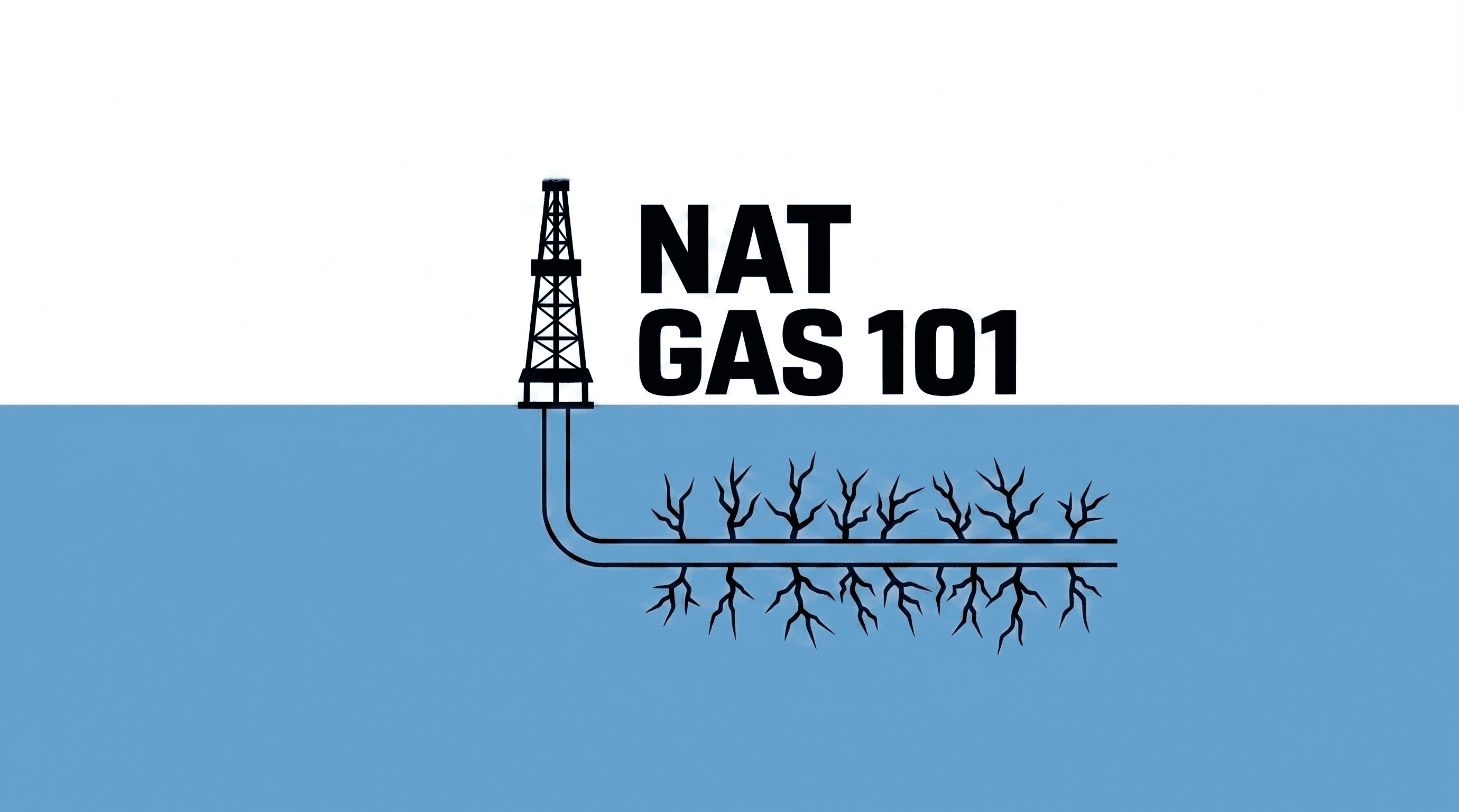 NatGas 101 cover: drilling rig with horizontal lateral and hydraulic fracture network