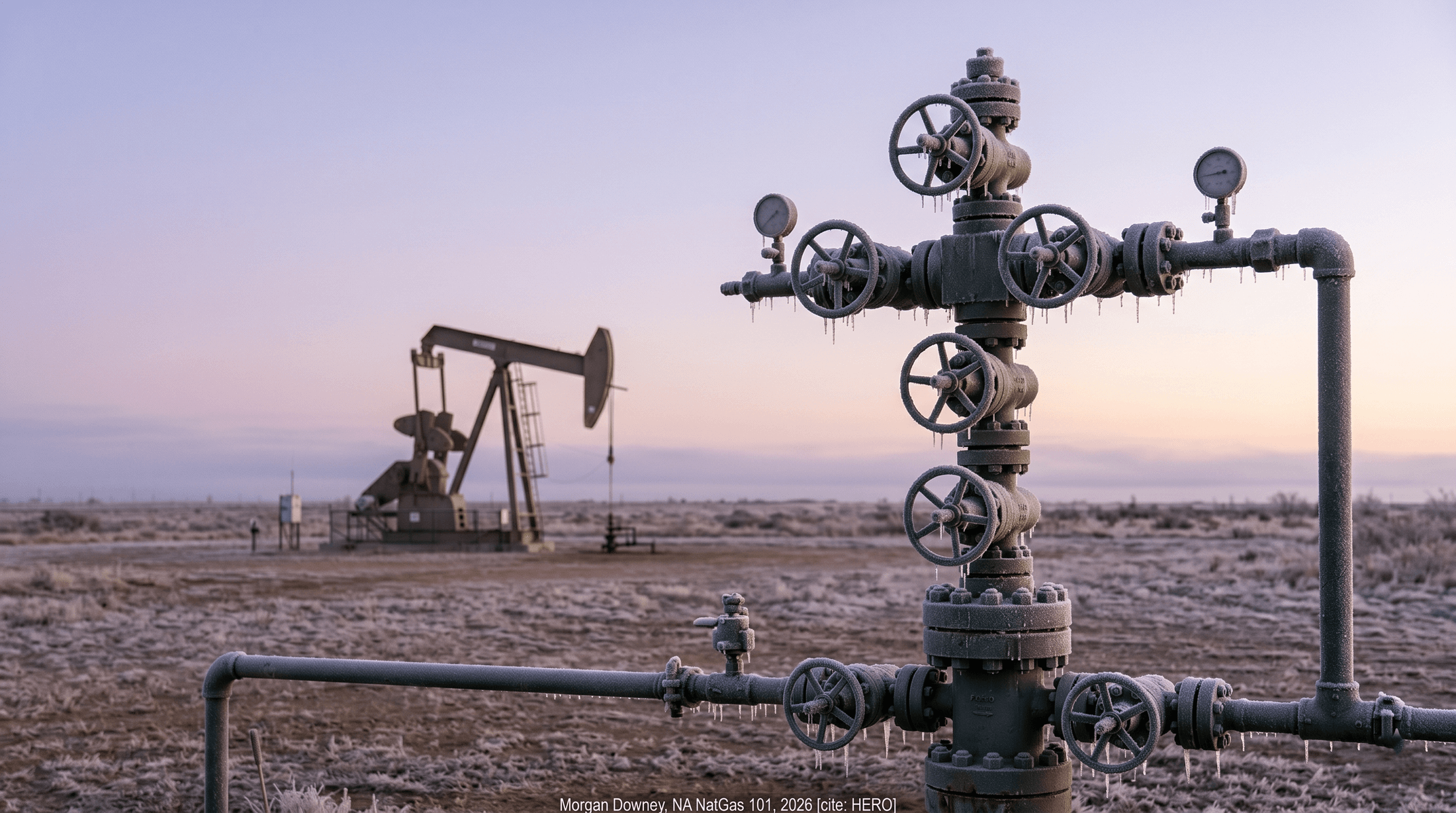 A frost-covered wellhead Christmas tree on a flat West Texas oilfield at dawn, with an idle pumpjack in the background and a pale lavender sky.