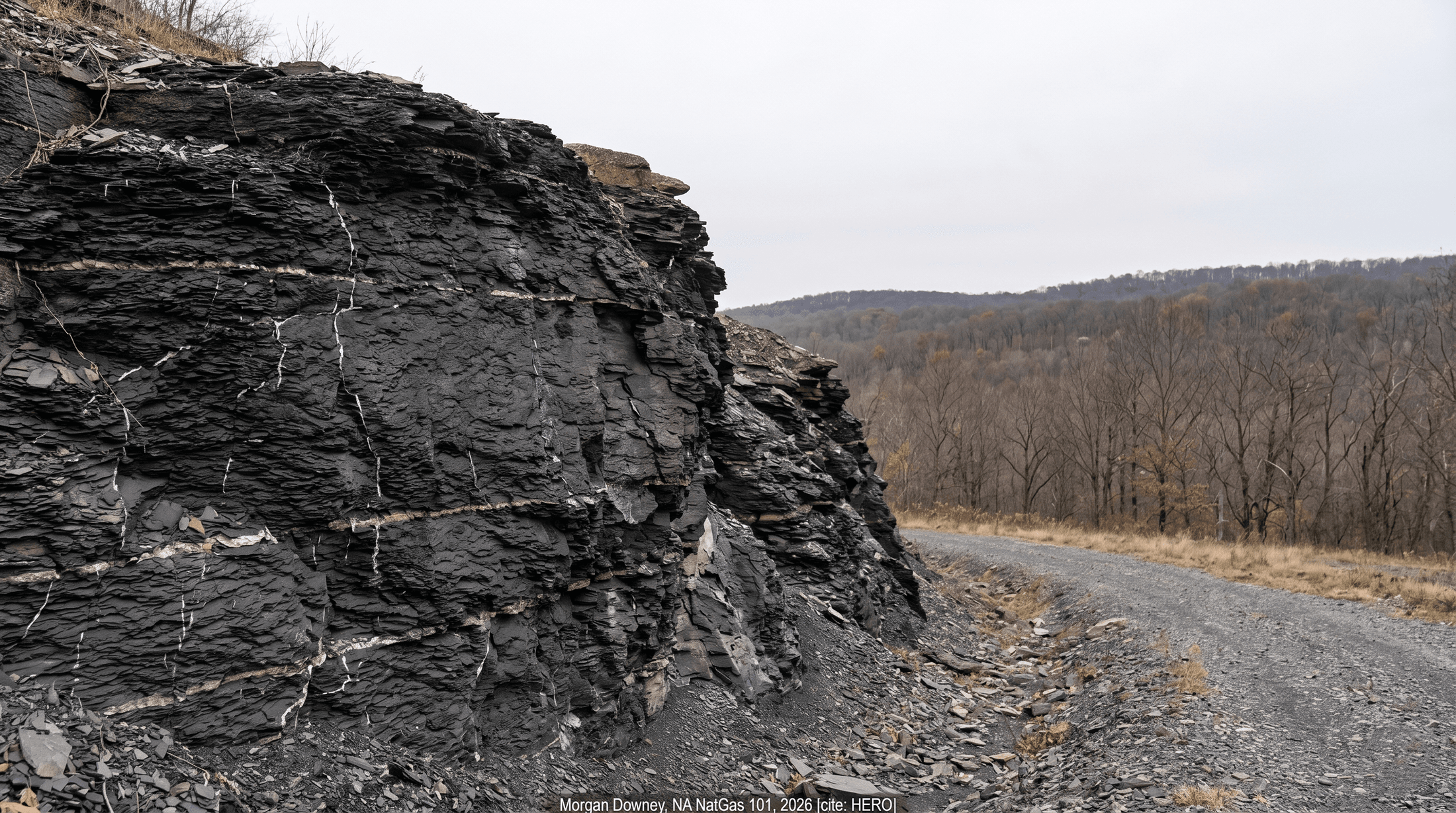 A black shale outcrop along an Appalachian road cut, with thin white calcite veins running through the dark rock face and fall foliage on the hillside above.