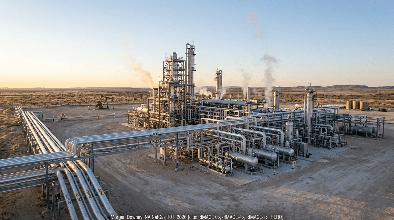 A modern natural gas processing plant at twilight, with cryogenic vessels, fractionation columns, and pipe racks lit by amber sodium lights against a dusk sky in the West Texas plains.