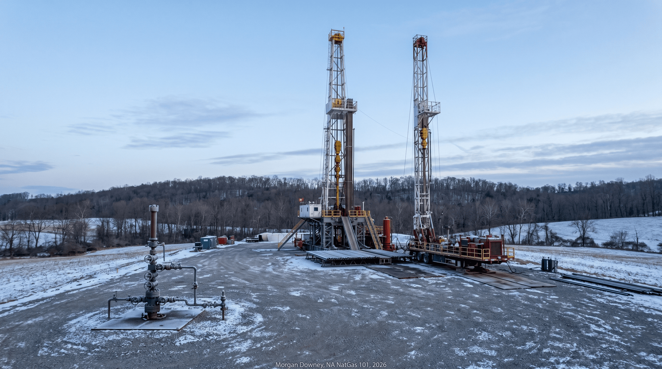 Two horizontal drilling rigs in the Marcellus mid-walk-move on a multi-well shale pad in winter, with one rig partway through the relocation onto its next surface location and the other drilling at depth.