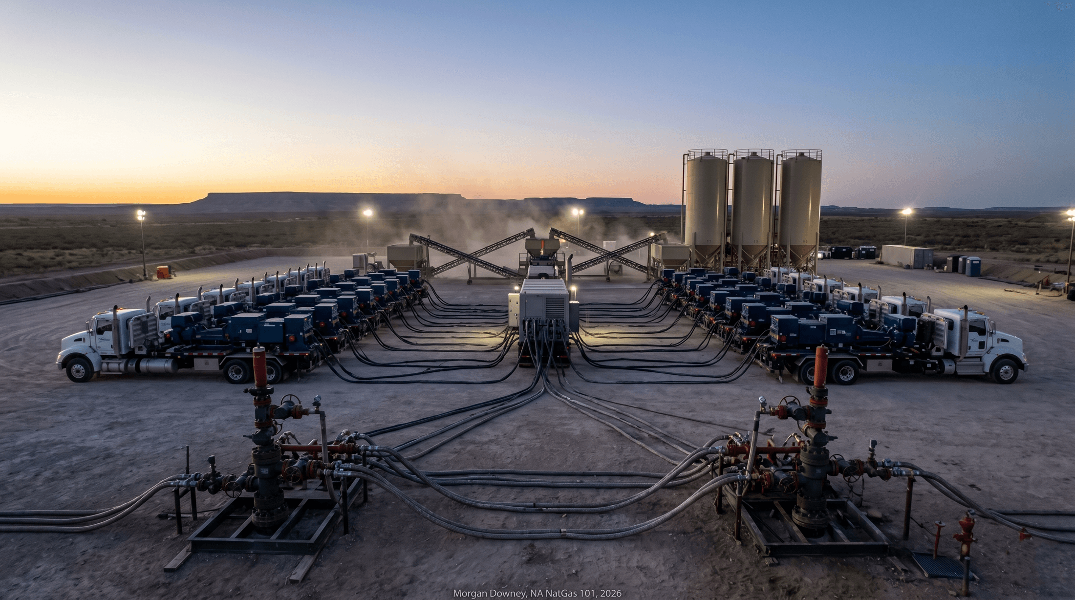 A pre-dawn simul-frac on a Delaware sub-basin multi-well shale pad: rows of pump trucks lined up on either side of a manifold trailer, hoses fanning out to two wellheads, sand silos in the distance against a low orange horizon.