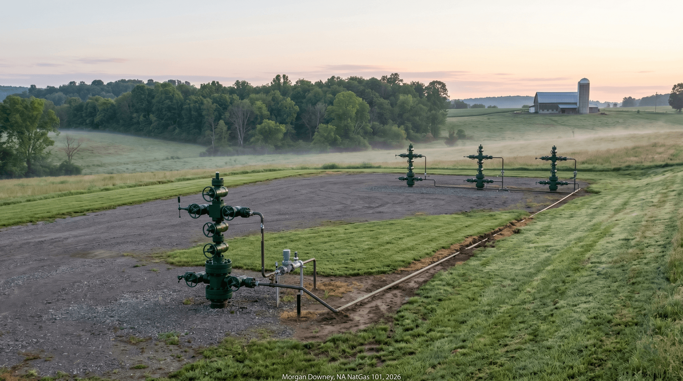 A pair of Marcellus dry-gas wellheads on a small pad in southwestern Pennsylvania at sunrise, with morning fog over the rolling farmland in the background and a barn at the horizon.
