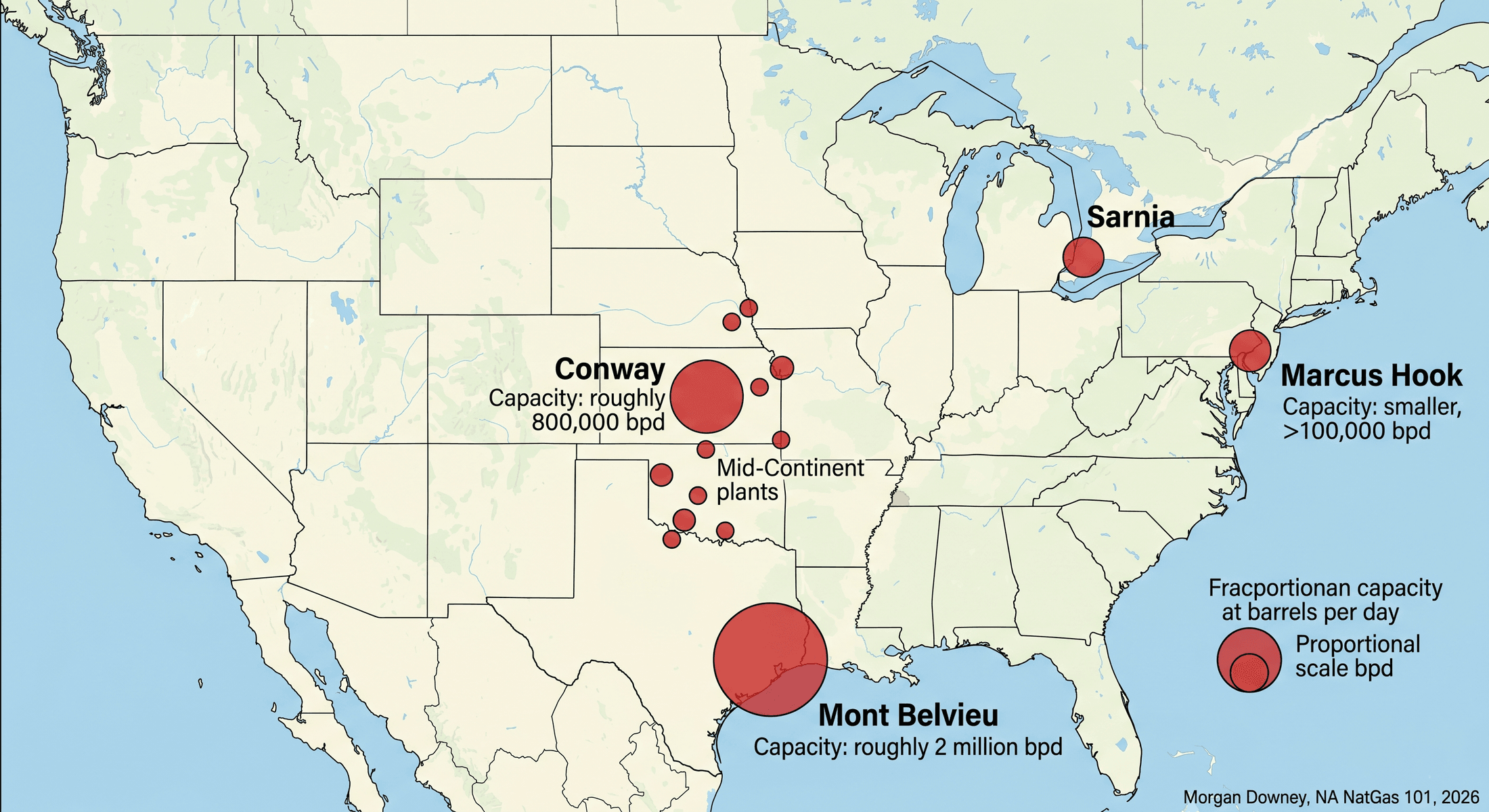 Map of US NGL fractionation hubs with Mont Belvieu, Conway, and Marcus Hook as the three largest concentrations.