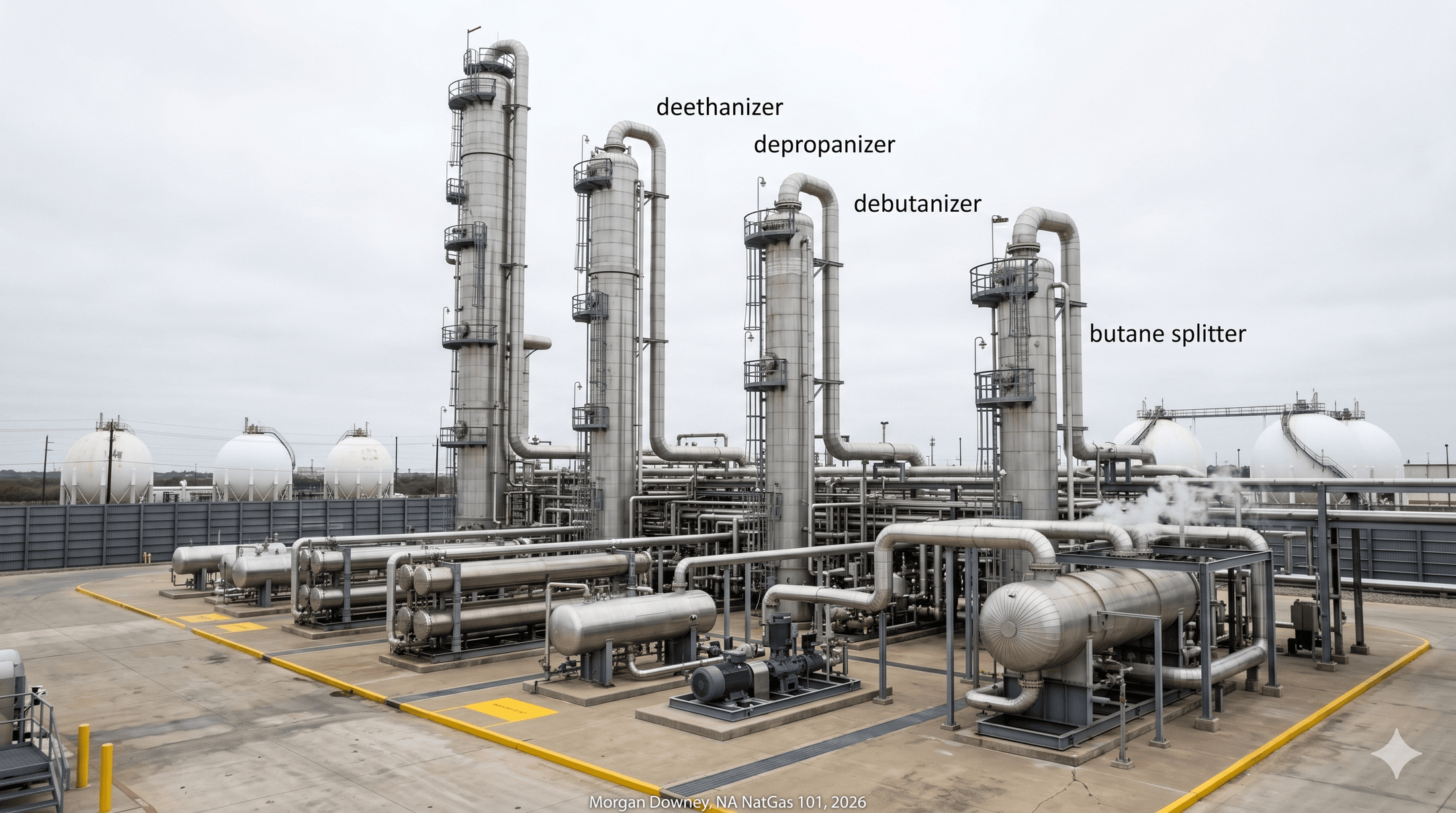 A wide view of the Mont Belvieu fractionation complex in Chambers County, Texas, with deethanizer, depropanizer, debutanizer, and butane splitter columns rising 100 to 200 feet above the plant deck, surrounded by heat exchangers, pumps, and storage spheres at midday.
