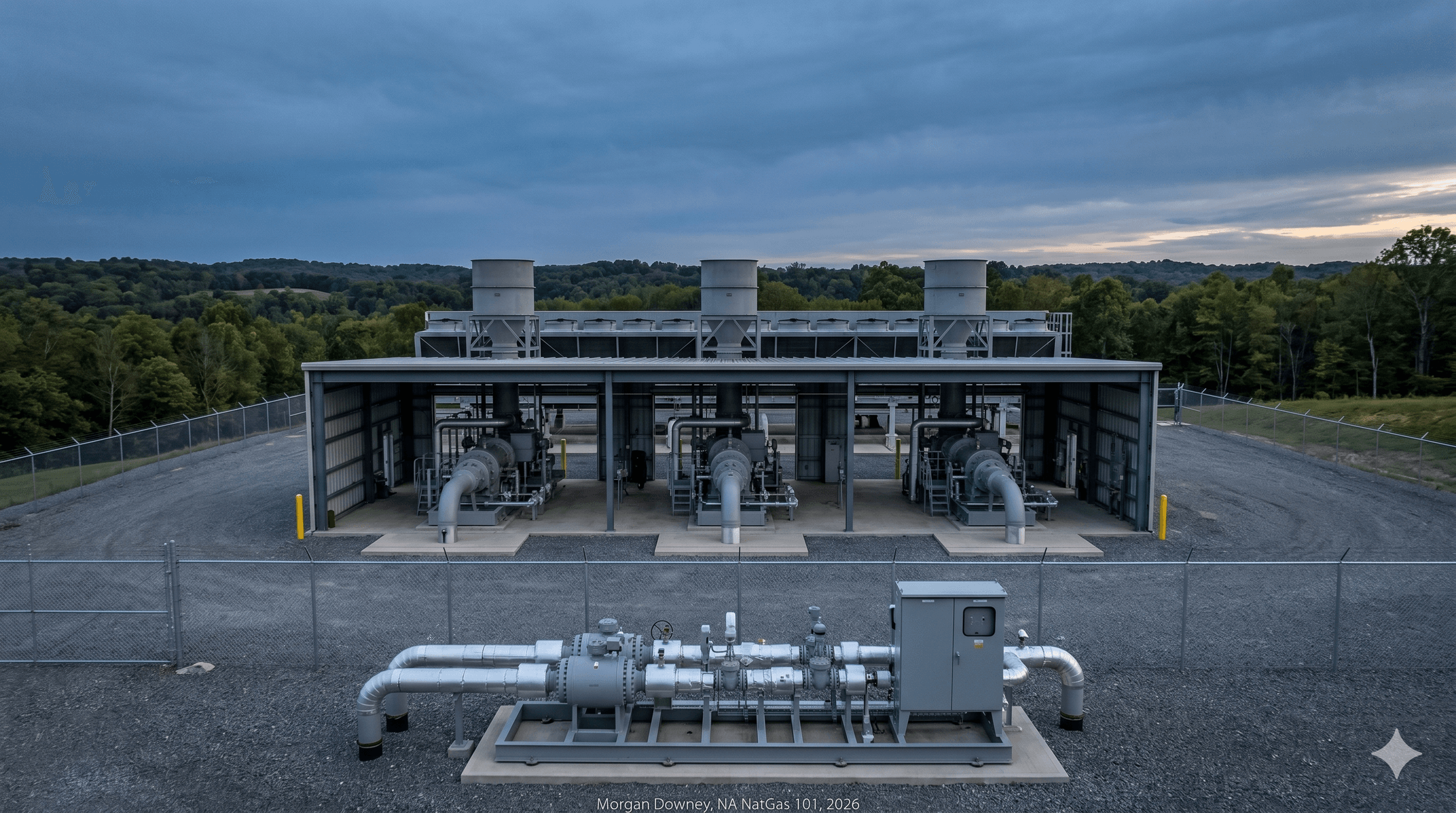A modern interstate gas compressor station at twilight with three turbine-driven centrifugal compressor units in a fenced industrial yard, an air-cooled aftercooler bank above the unit roofline, and the SCADA-served meter station in the foreground.