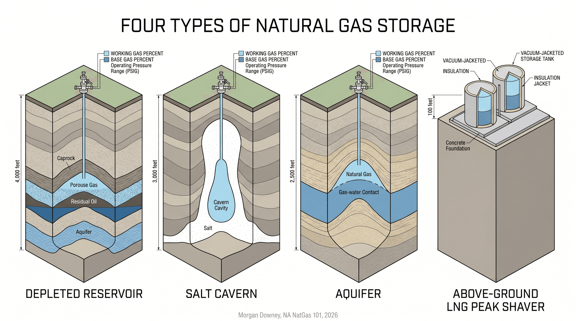 Cutaway cross-section of four underground gas storage types side by side: depleted reservoir, salt cavern, aquifer, and an above-ground LNG peak-shaver.