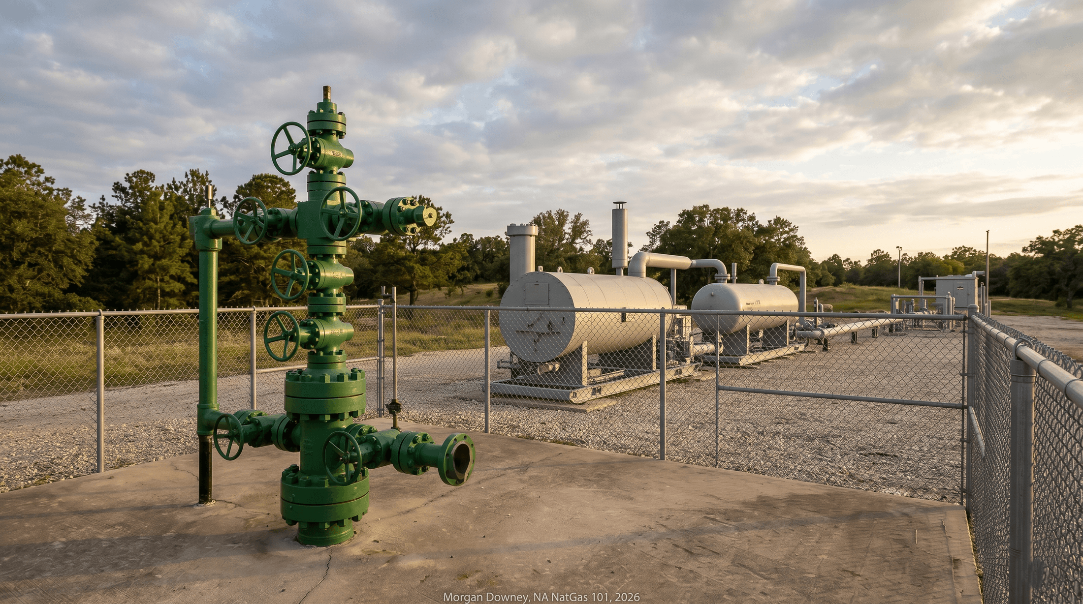 A salt-cavern storage wellhead in the Texas Gulf Coast salt-dome belt, with the Christmas tree painted dull green, an indirect-fired heater bank in the mid-ground, and the surrounding fenced industrial yard at golden hour.