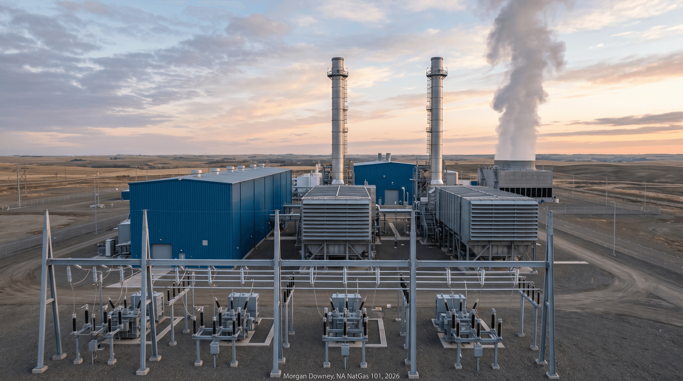 A modern combined-cycle gas turbine plant in the Mountain West at sunset: twin exhaust stacks, an HRSG, a steam turbine building, and a high-voltage switchyard in the foreground against a flat horizon.