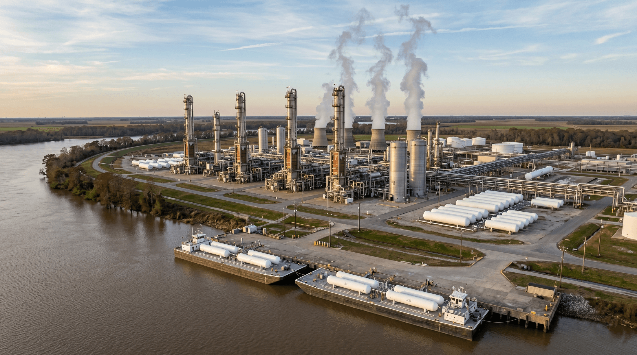 The CF Industries Donaldsonville nitrogen fertilizer complex on the Mississippi River at golden hour, with multiple ammonia reformers and urea prilling towers, cooling tower plumes rising vertically, and barge docks loading anhydrous ammonia in the foreground.