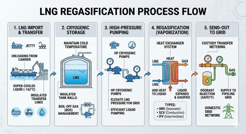 Five-stage process flow diagram of an LNG regasification terminal: import and transfer at the jetty, cryogenic storage in insulated tanks, high-pressure cryogenic pumping, vaporization in seawater (ORV), submerged combustion (SCV), or intermediate fluid (IFV) heat exchangers, and send-out to the gas grid with custody transfer metering and odorant injection.