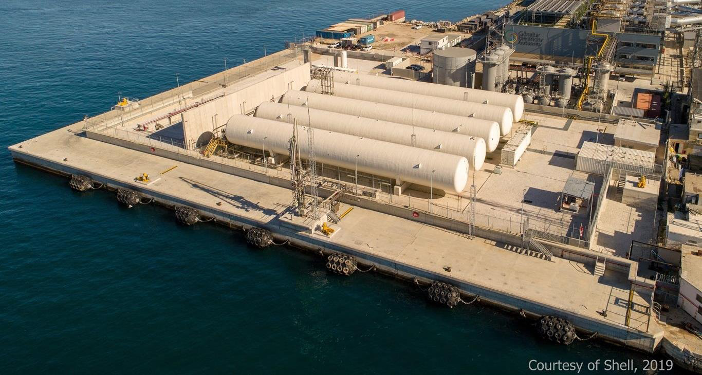 Aerial photograph of a coastal LNG regasification facility with five horizontal cylindrical above-ground LNG storage tanks lined up on a concrete pier, surrounded by process equipment, with the sea on one side and the regasification process plant on the other.