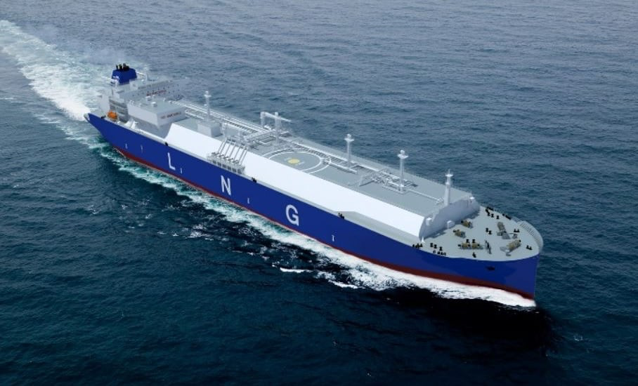 A membrane-type LNG carrier underway at sea, showing the characteristic flat-deck profile with manifold pipework and boil-off-gas lines running fore-to-aft along the deck and a single forward-mounted accommodation block.