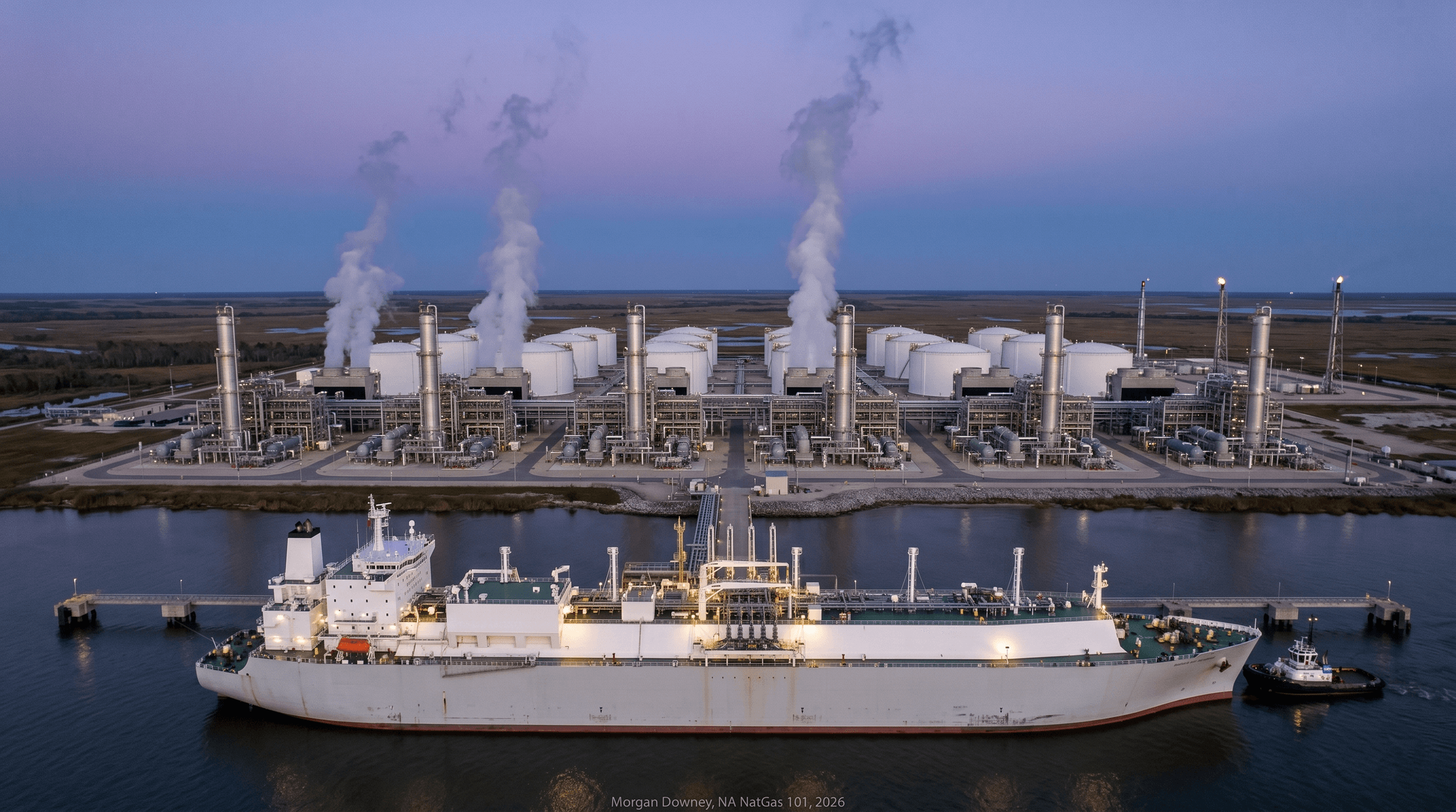 A 174,000 cubic meter membrane LNG carrier moored at a Sabine Pass loading jetty at dusk, with six liquefaction trains and storage tanks behind, and a small support tug standing off.