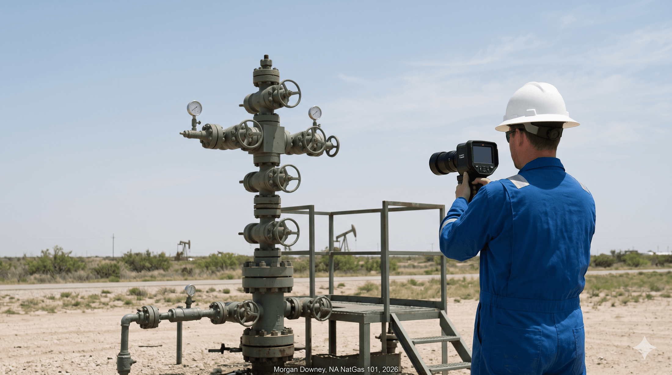 A wide photographic view of a Permian Basin wellhead at midday with an optical gas imaging camera operator at the side of the frame, framed against a flat West Texas horizon.