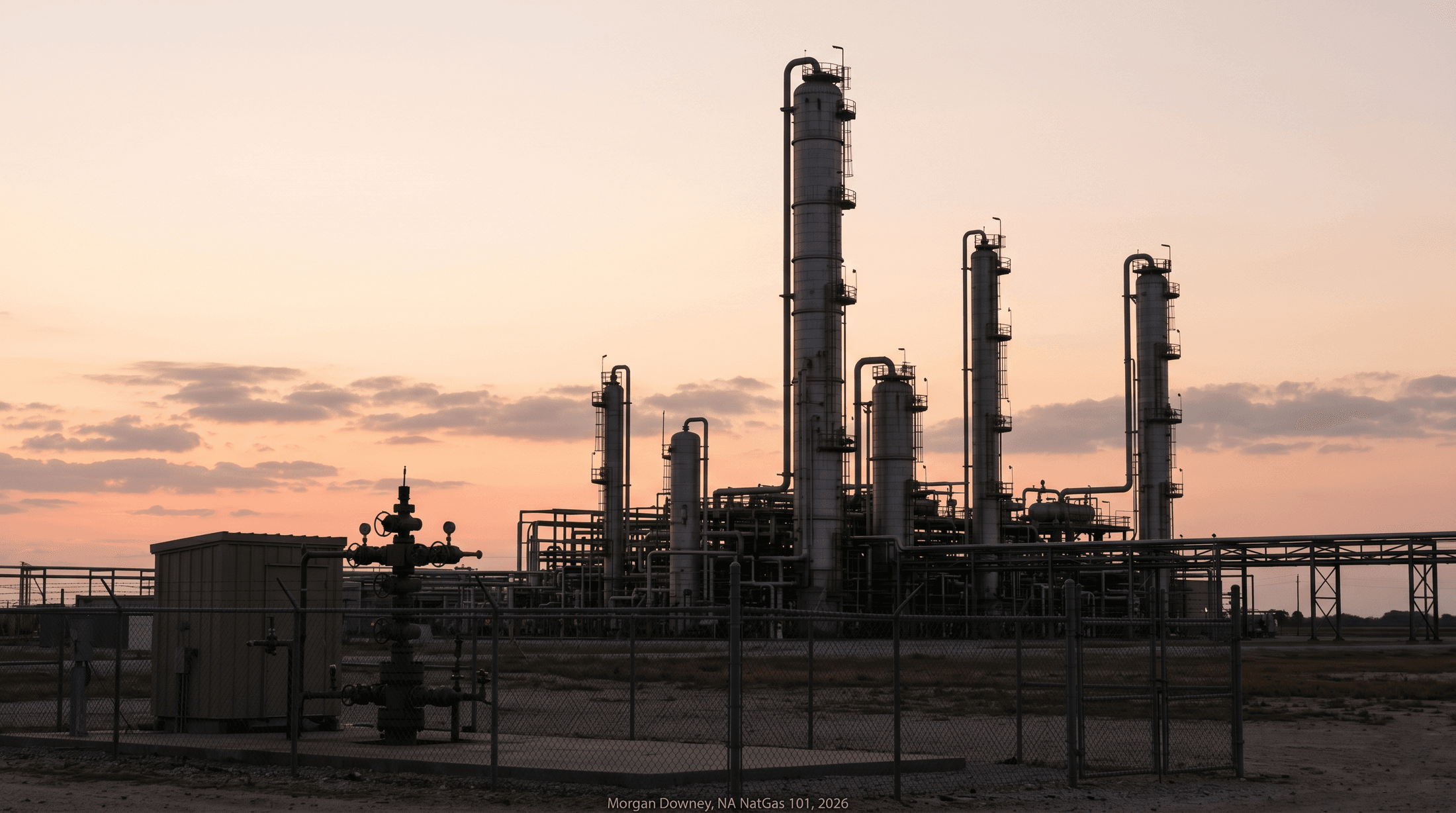 The Mont Belvieu fractionation cluster at dawn, with a Barbers Hill salt-cavern wellhead in the foreground and the silhouettes of tall NGL fractionation columns rising against a pale orange and pink Texas Gulf Coast sky.