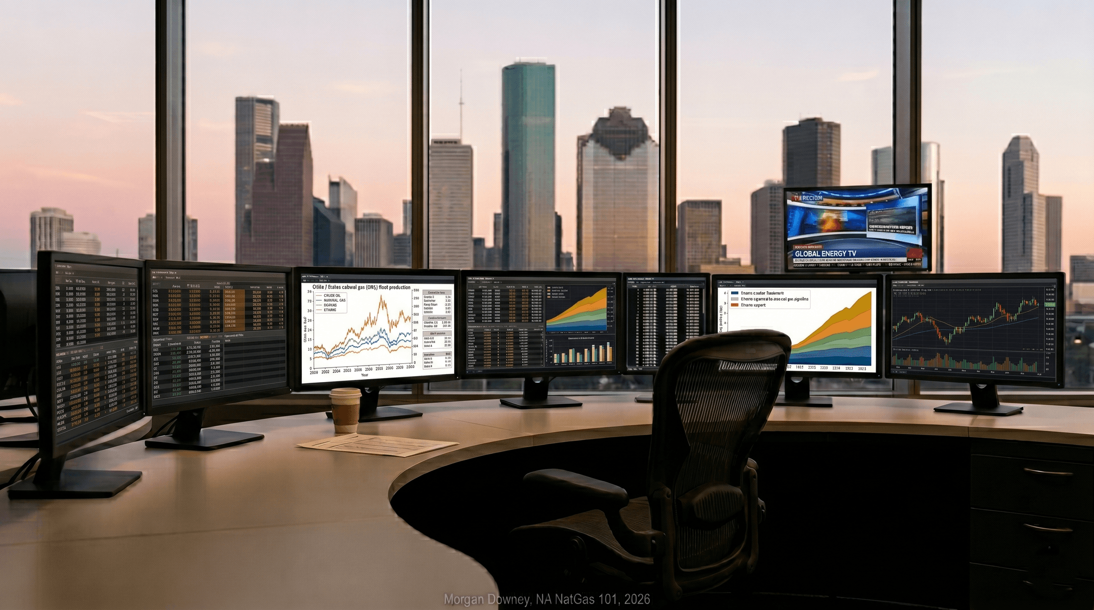 A US midstream operator's commodity trading desk in late afternoon: six dark monitors showing live price grids, a coffee cup, and a Houston downtown skyline at dusk visible through floor-to-ceiling glass.