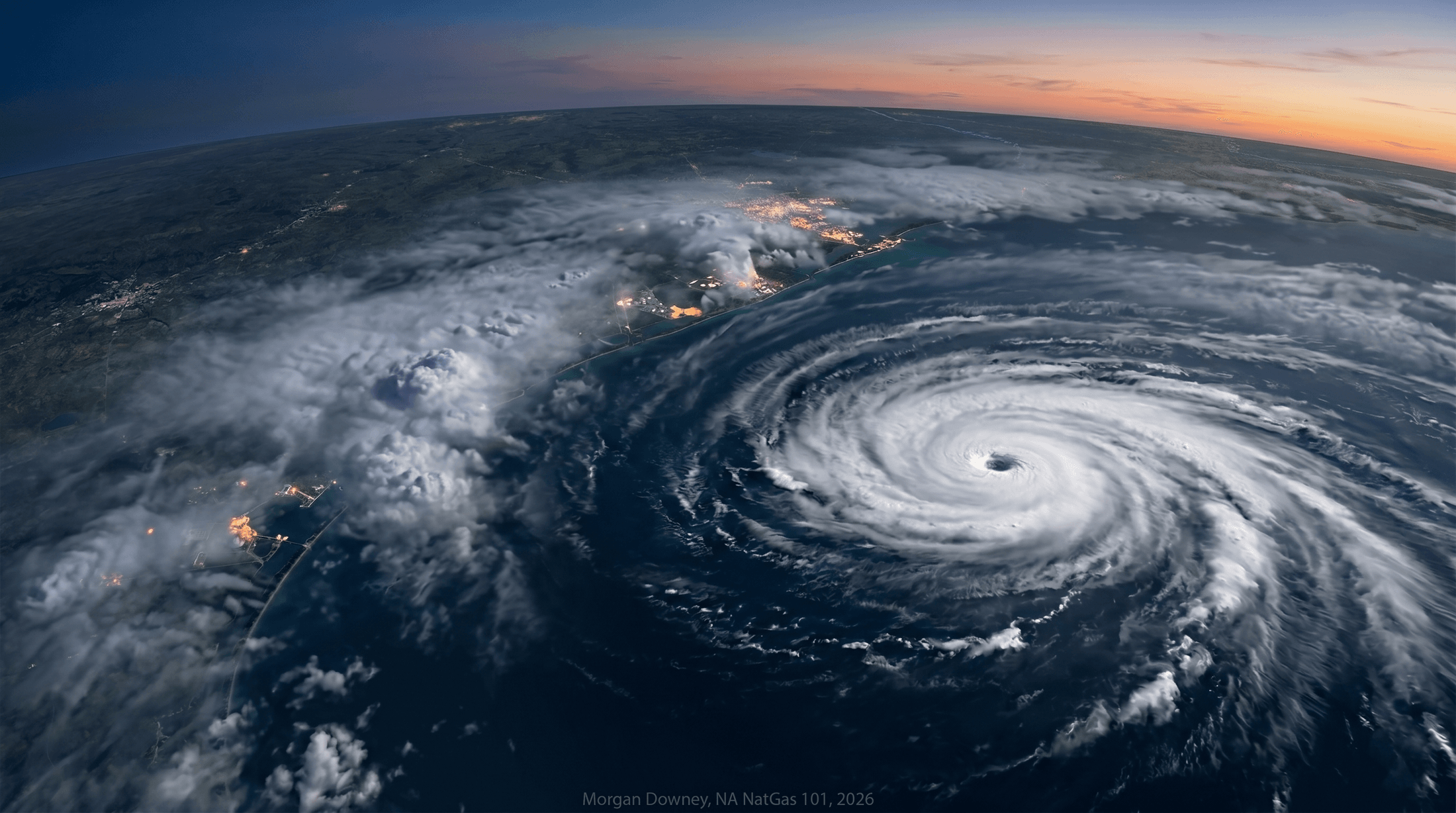 A satellite-perspective view of a major Atlantic hurricane circulation over the western Gulf of Mexico approaching the Texas coast at dusk, with city lights along the Texas Gulf Coast LNG terminal corridor visible through the cloud bands.