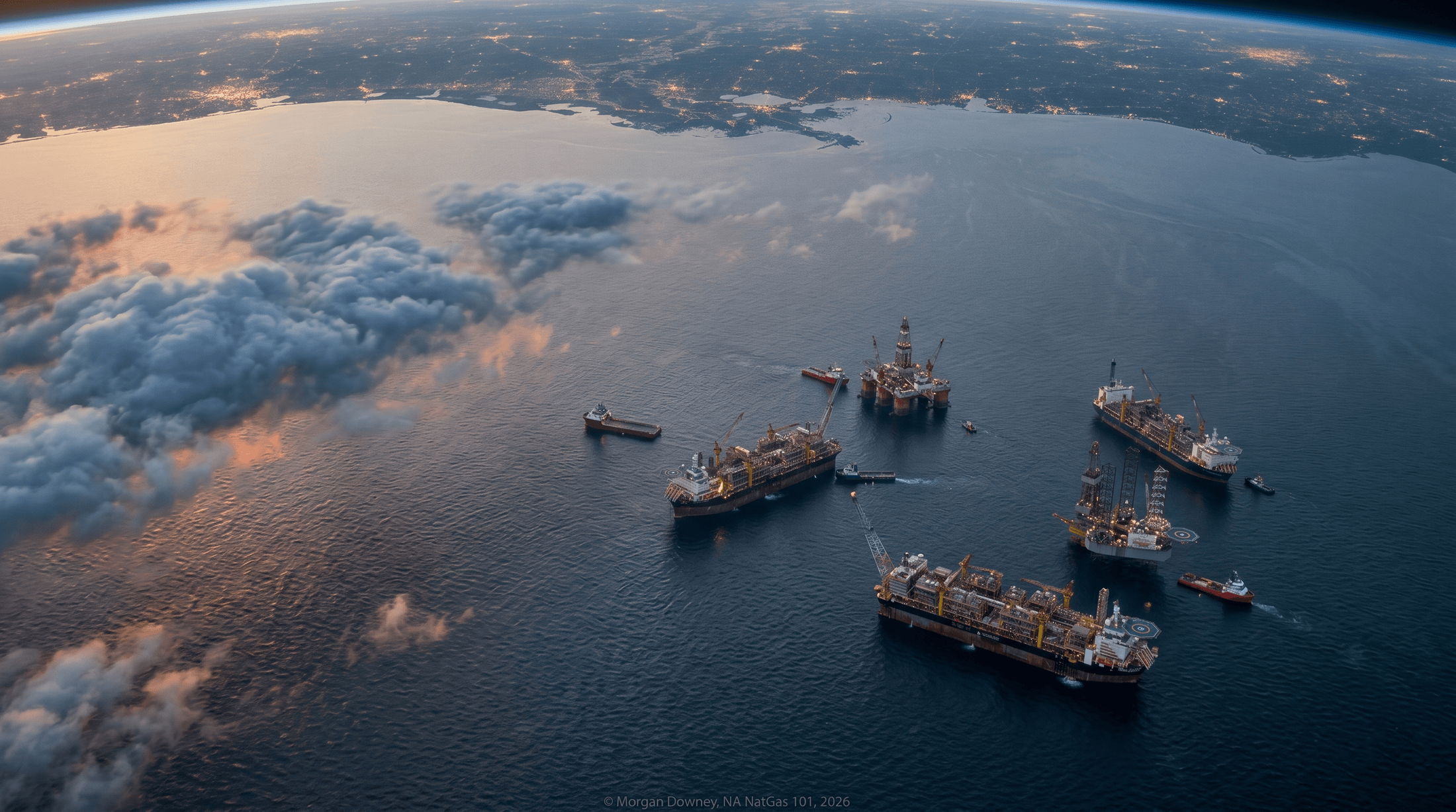 A high-altitude oblique view of a North Sea oil and gas field at sunset, with multiple production platforms and FPSOs arrayed across the calm dark water and clouds catching the last orange light from a low horizon.