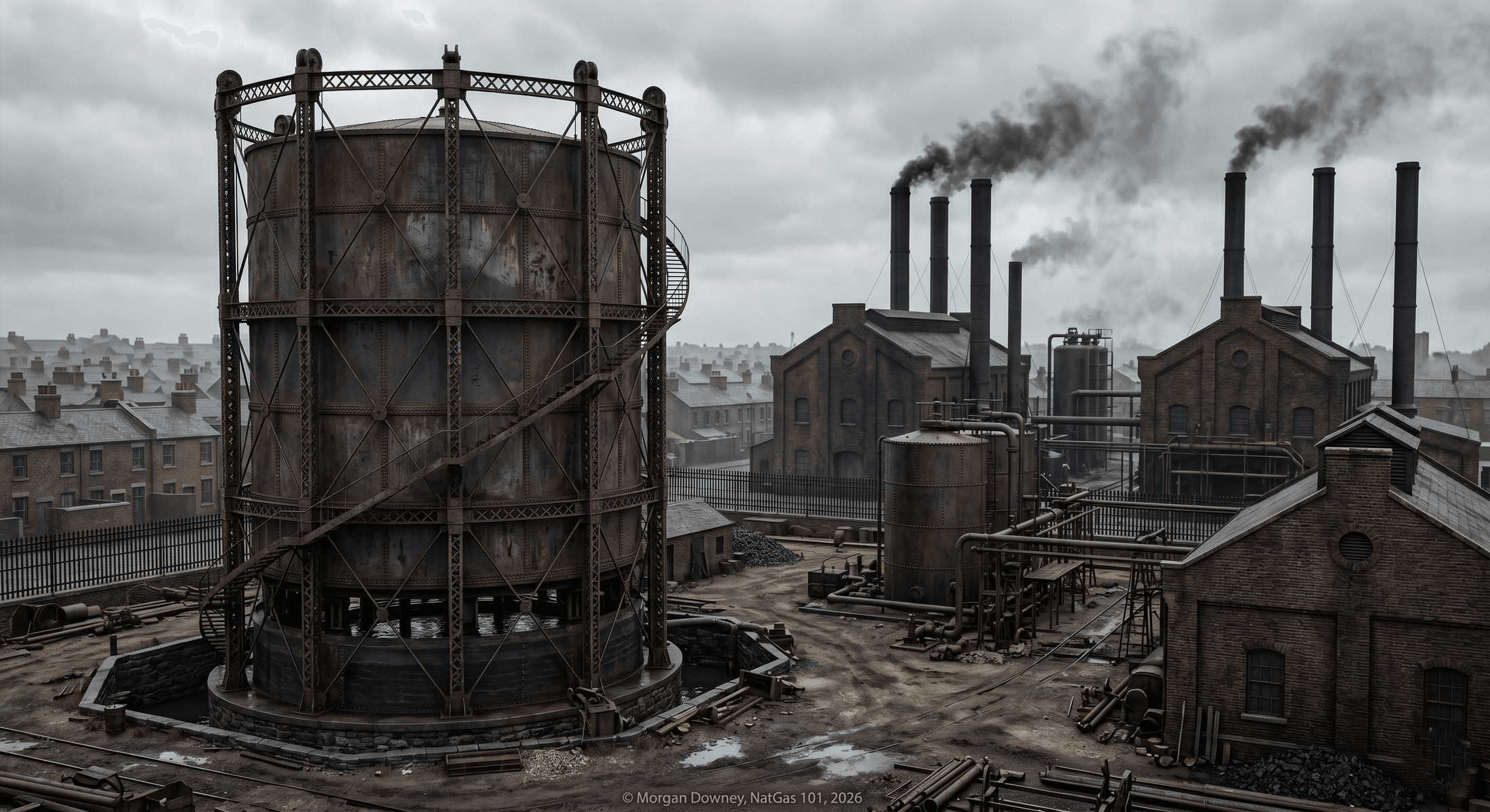A historical photograph of a telescoping wet-sealed gasholder at a manufactured-gas works in a late nineteenth-century eastern US city, with the cylindrical iron frame towering over the surrounding industrial buildings.