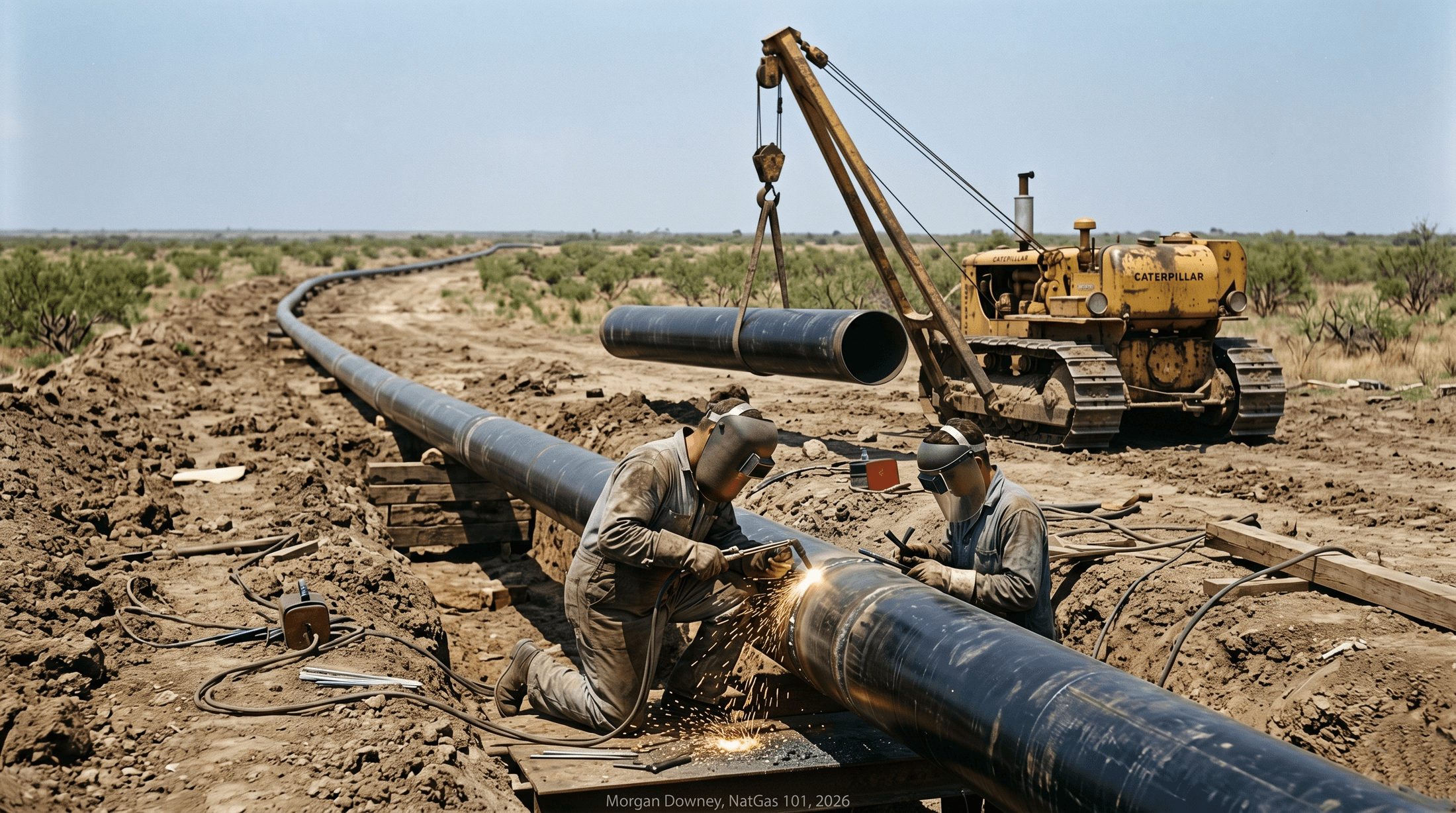 A historical photograph of the Big Inch pipeline under construction during World War Two, with workers welding sections of 24-inch steel pipe along a cleared right-of-way through the southern United States.