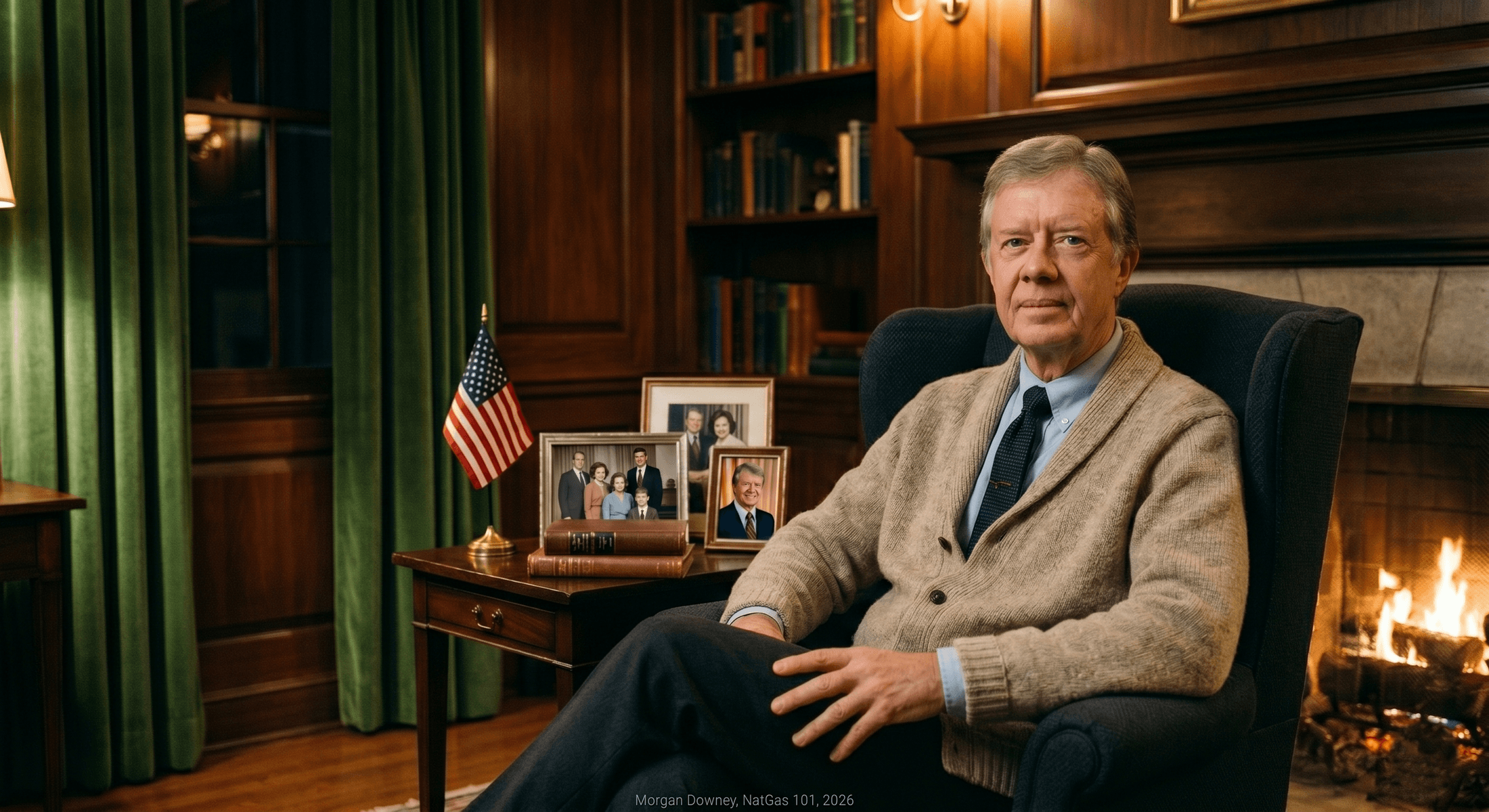 A still photograph of President Jimmy Carter delivering his fireside chat on February 2, 1977, seated in front of a fire in the White House Library wearing a beige cardigan sweater.