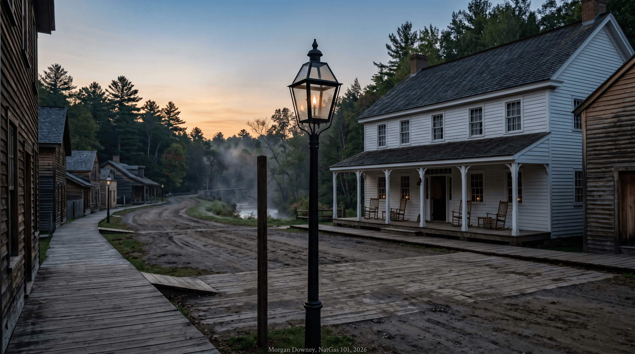 A nineteenth-century gas streetlamp at dusk on a wood-plank Main Street in a small Western New York village, the wick newly lit with a small soft golden flame, a two-story white-painted frame inn in the background, faint mist rising along a tree-lined creek bank.