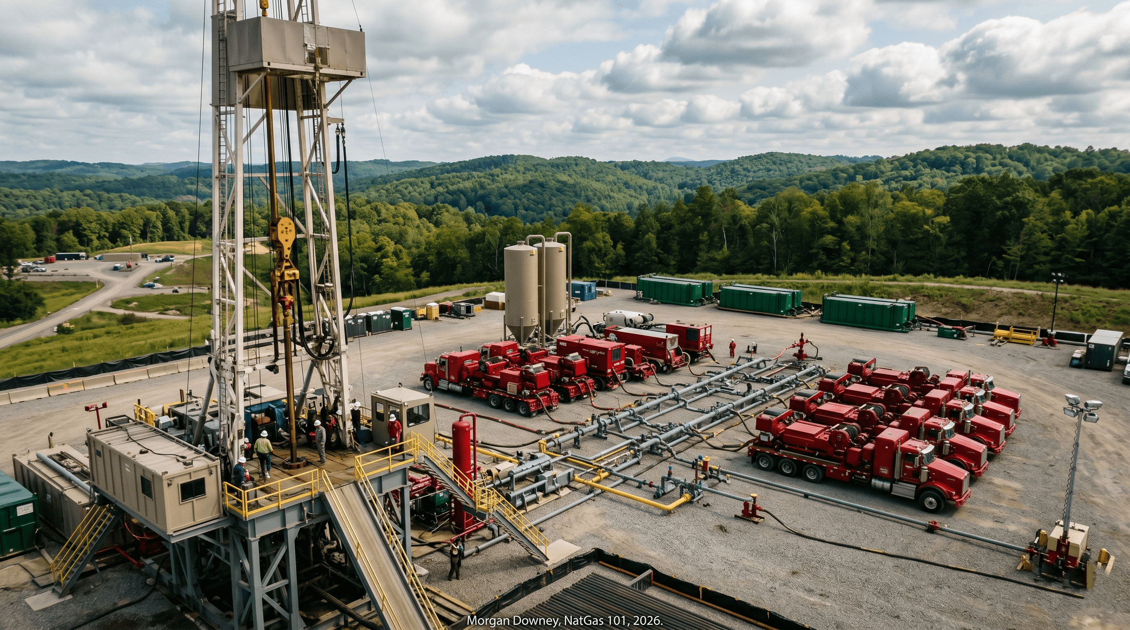 A photograph of a Marcellus shale drilling rig on a multi-well pad in the rolling hills of southwestern Pennsylvania, with the derrick rising above the surrounding pad infrastructure and a line of horizontal wellheads visible in the foreground.