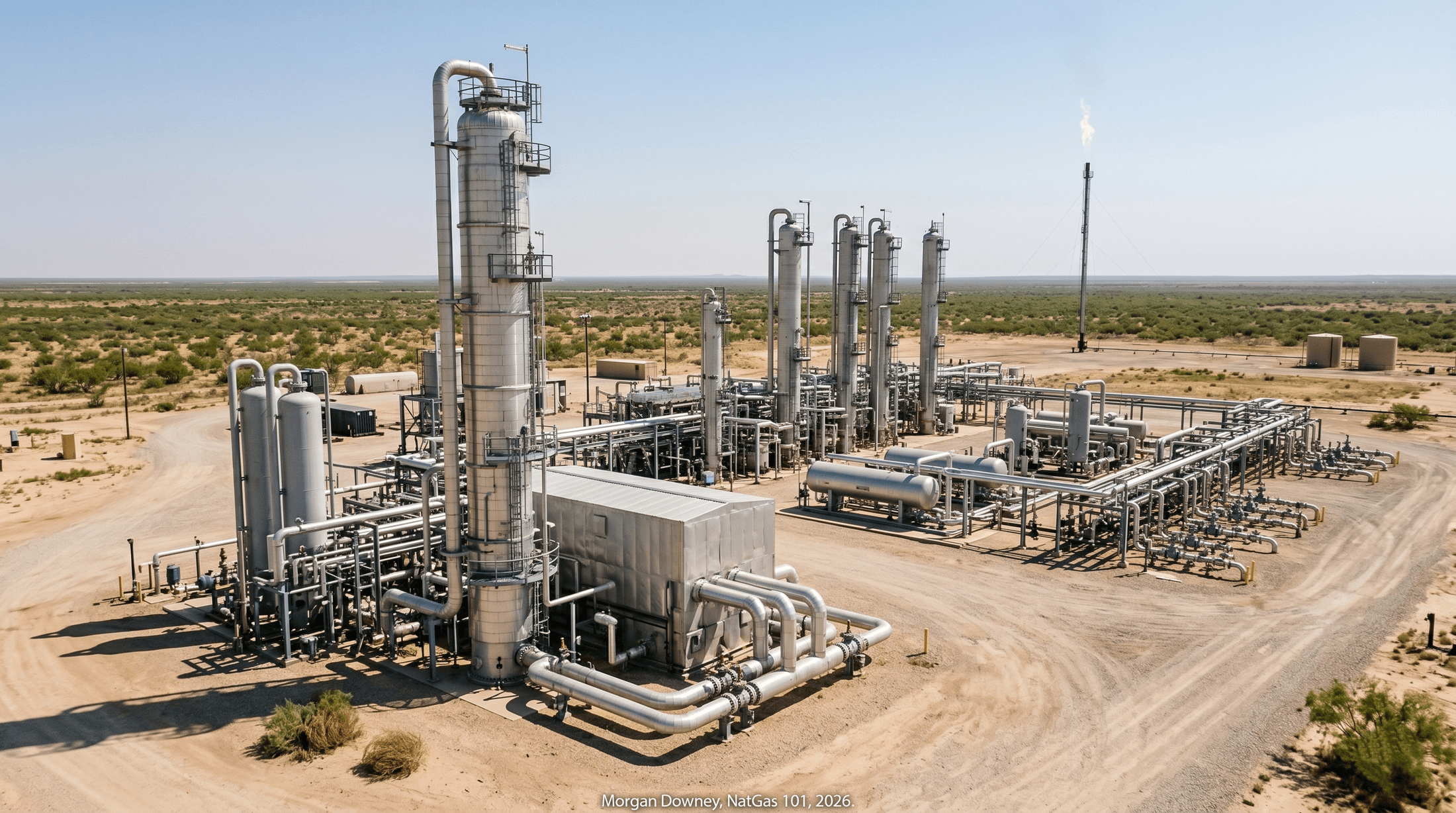 A photograph of a cryogenic gas processing plant in West Texas, with the cold-box columns and demethanizer towers rising above a complex of interconnecting piping, control buildings, and flare stacks.