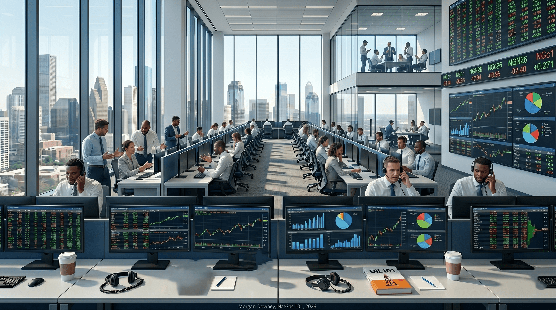 A photograph of an interior commodity trading floor at a major bank or trading firm, with rows of desks, multi-screen workstations showing market data, and traders working under bright overhead lighting.