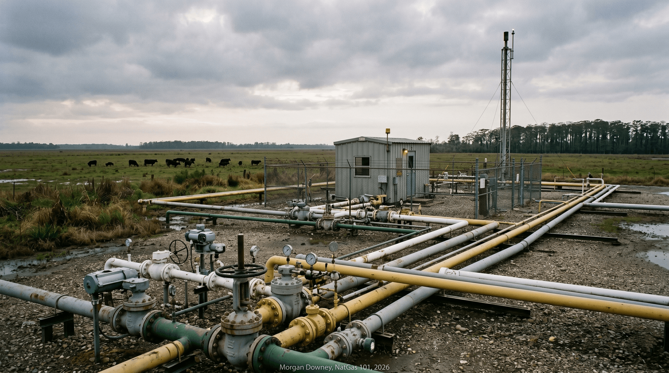 A photograph of the Henry Hub pipeline junction at Erath, Vermilion Parish, Louisiana, showing the cluster of interconnecting pipelines, valves, and metering equipment that ties together nine major interstate gas pipelines at one delivery point.
