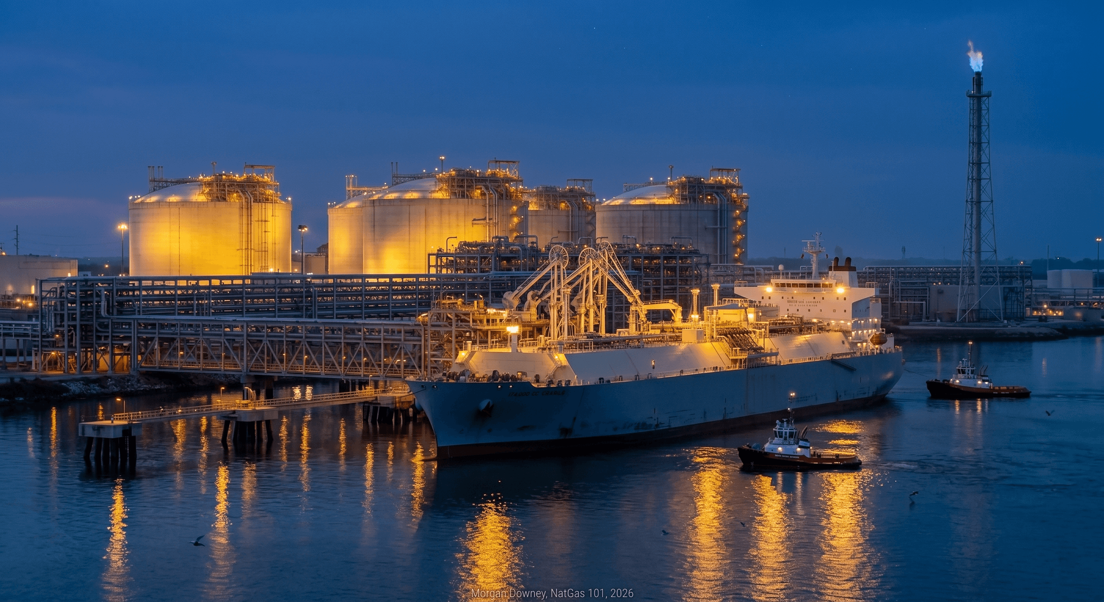 A wide photographic shot of a Gulf Coast LNG export terminal at dusk, with a moored LNG carrier alongside the loading jetty, four large white spherical storage tanks lit from below by sodium-vapor floodlights, and liquefaction trains with cold-box columns and a tall flare stack against a deep-blue evening sky.